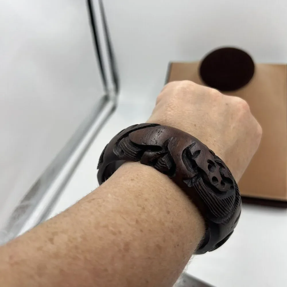 Hand Carved Wooden Safari Animal Rhino Elephant Bangle Bracelet Handmade